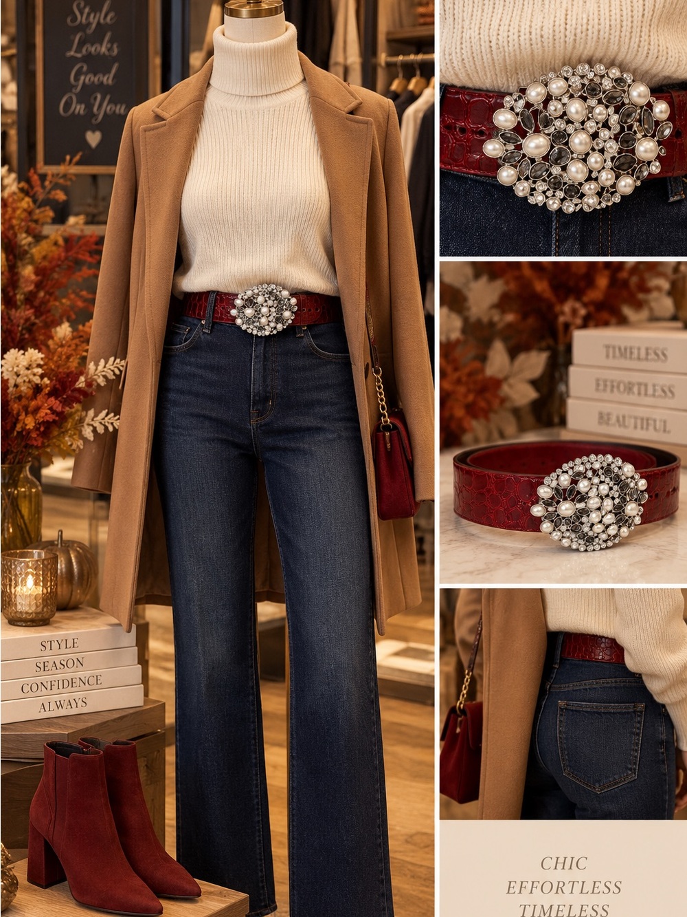 Red Croc-Embossed LEATHER Belt with Pearl & Crystal Buckle